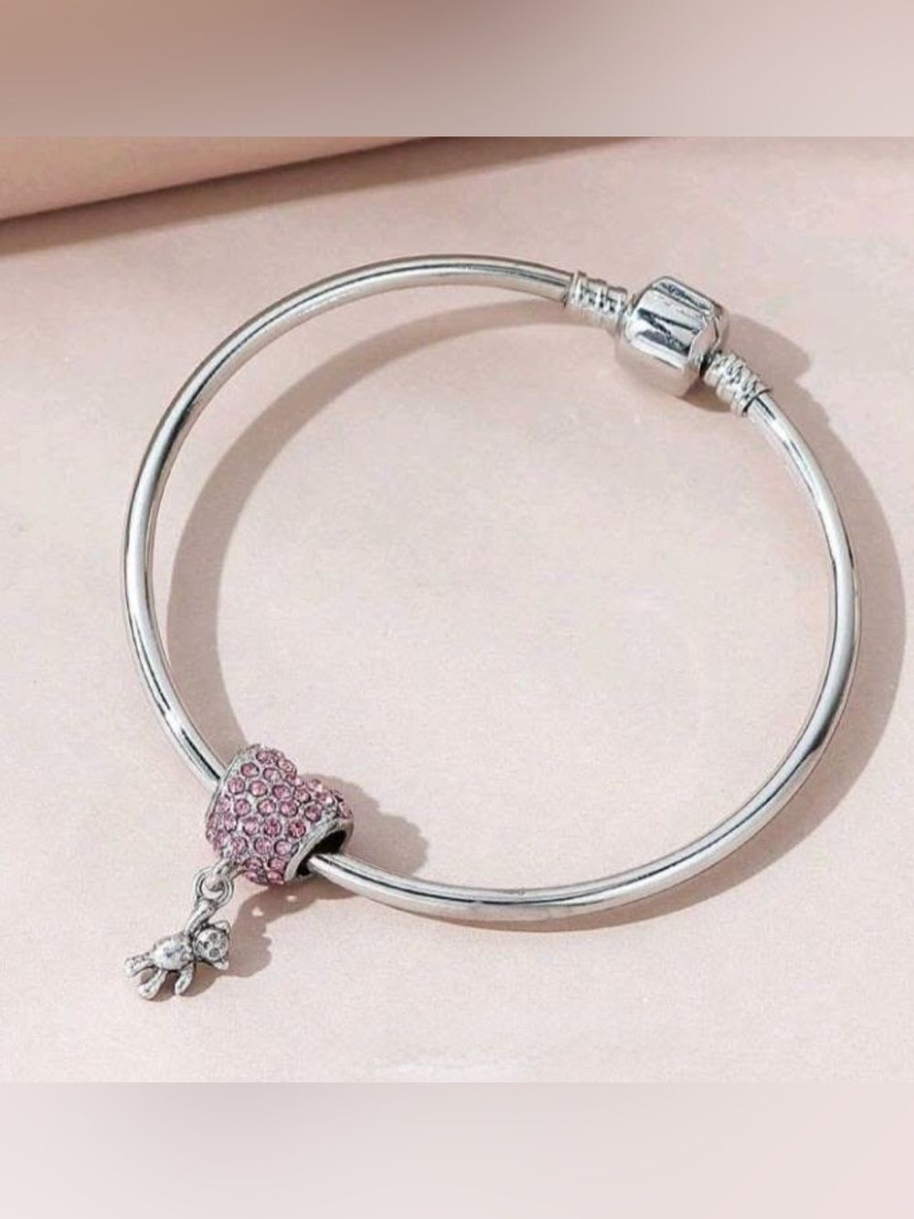 Charm Teddy Bear Charm Bracelet with Pink Crystal Heart